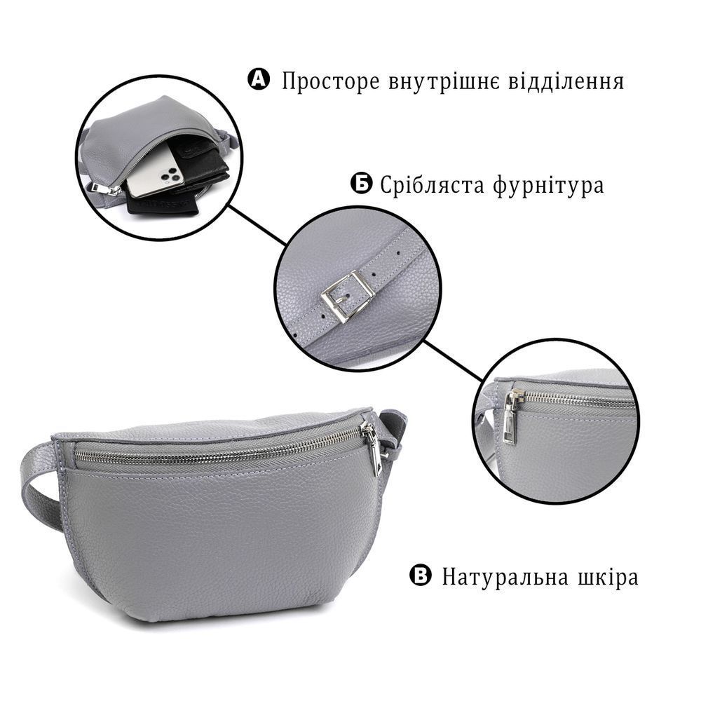 Оригінальна жіноча бананка із натуральної шкіри Shvigel 16379 Сірий