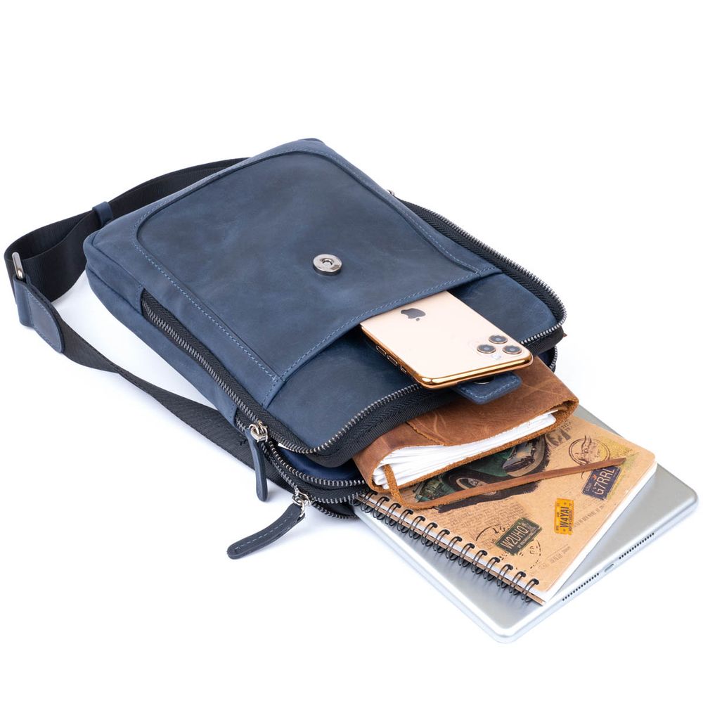 Сумка мужская планшет на два отделения винтажная кожаная SHVIGEL 11284 Синяя