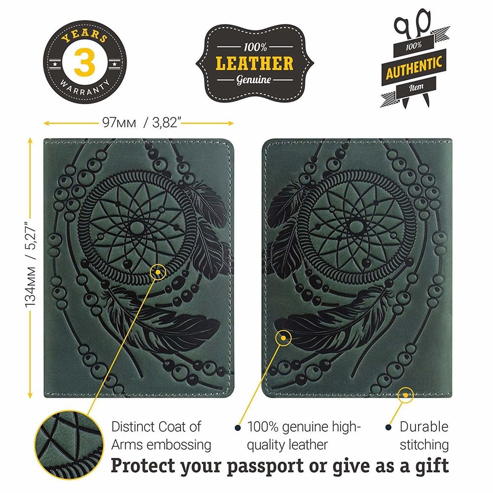 Dreamcatcher passport cover - Genuine leather - Green - SHVIGEL 13836, Зелёный