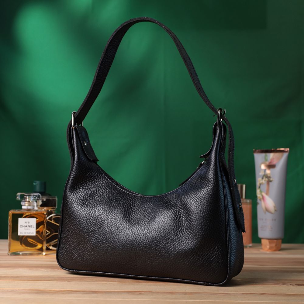 Baguette Bag SHVIGEL 22833 Black Grainy Genuine Leather with Adjustable Strap