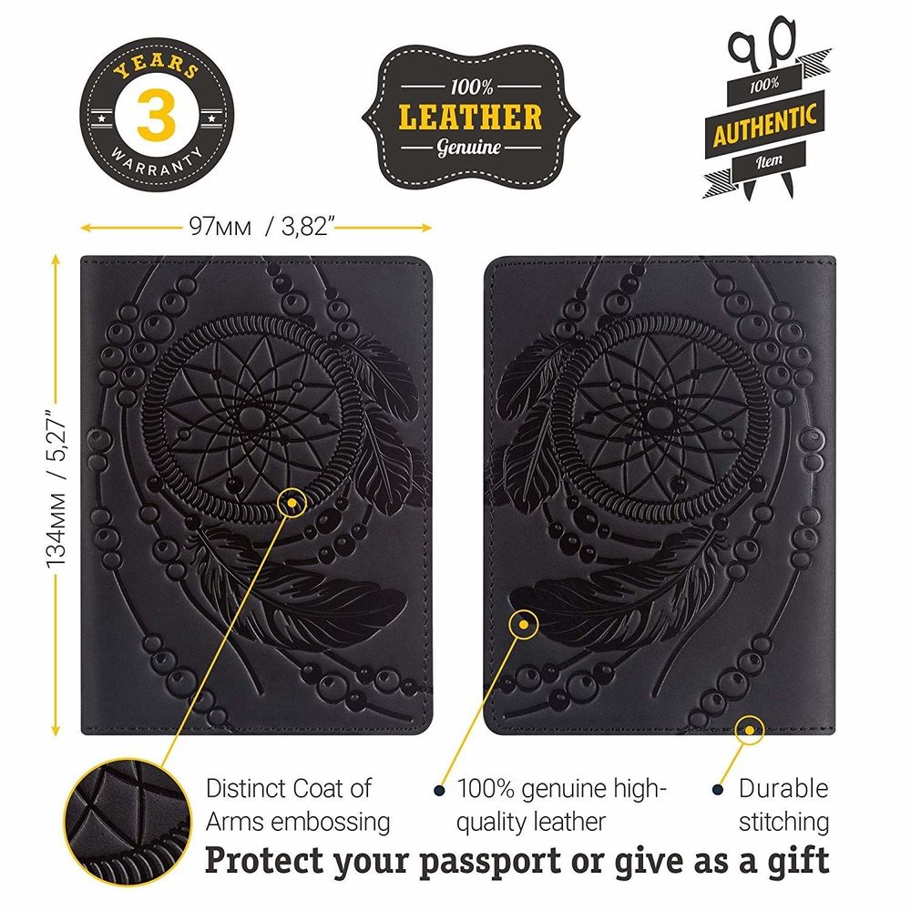 Dreamcatcher passport cover - Genuine leather - Black - SHVIGEL 13837, Черный