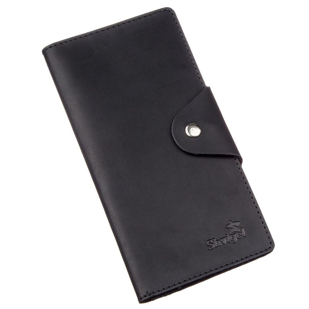 Long Leather Bifold Wallet for Men - Big Checkbook Holder Organizer - Vintage Black - Shvigel 16165
