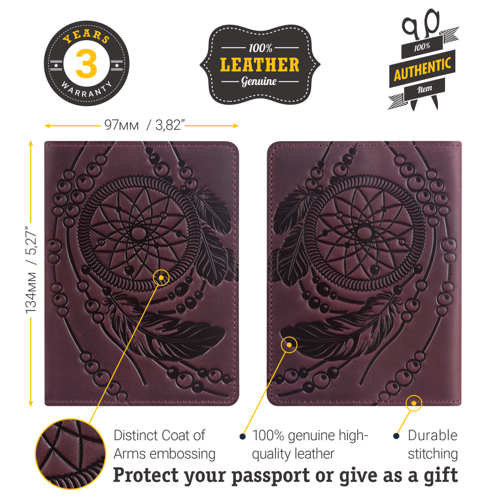 Dreamcatcher passport cover - Genuine leather - Maroon - SHVIGEL 13835, Бордовый