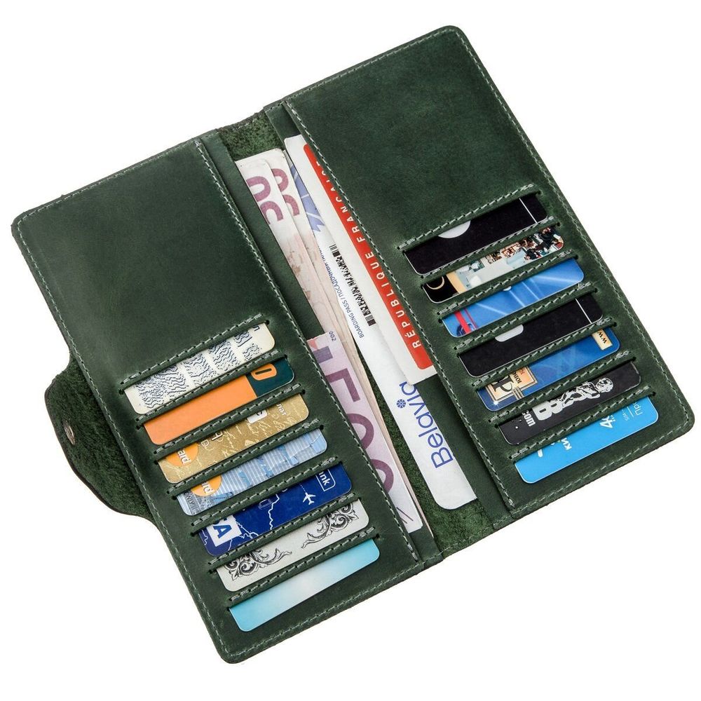 Long Leather Bifold Wallet for Men - Big Checkbook Holder Organizer - Vintage Green - Shvigel 16168