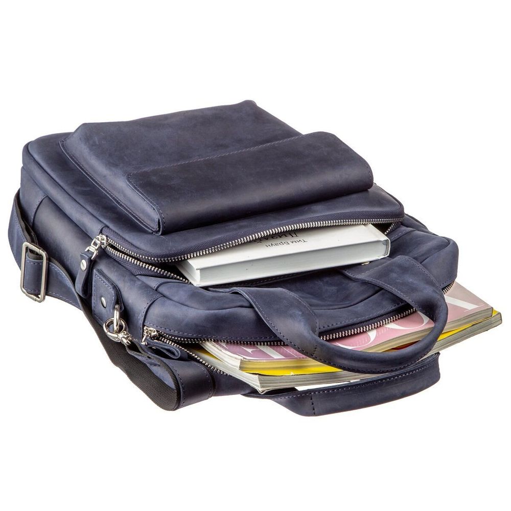 Men's Vertical Bag for Documets - Leather - Blue - Shvigel 11169