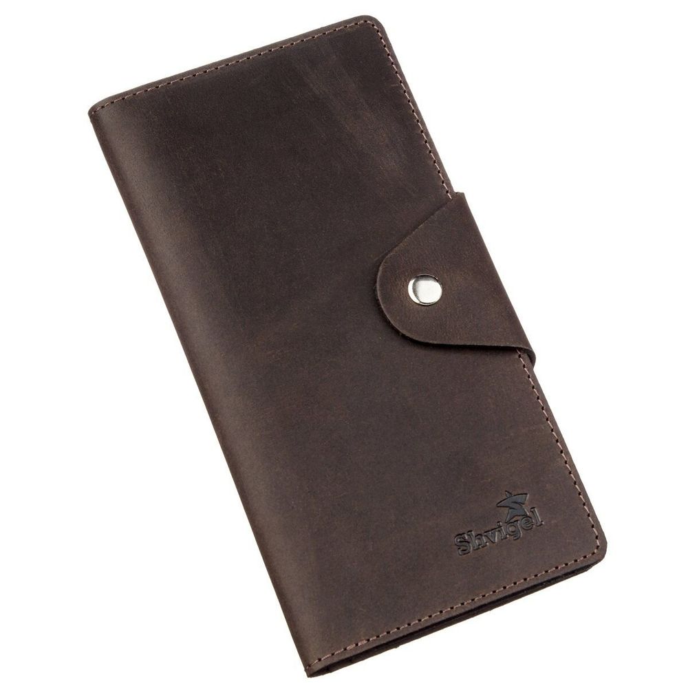 Long Leather Bifold Wallet for Men - Big Checkbook Holder Organizer - Vintage Dark Brown - Shvigel 16169