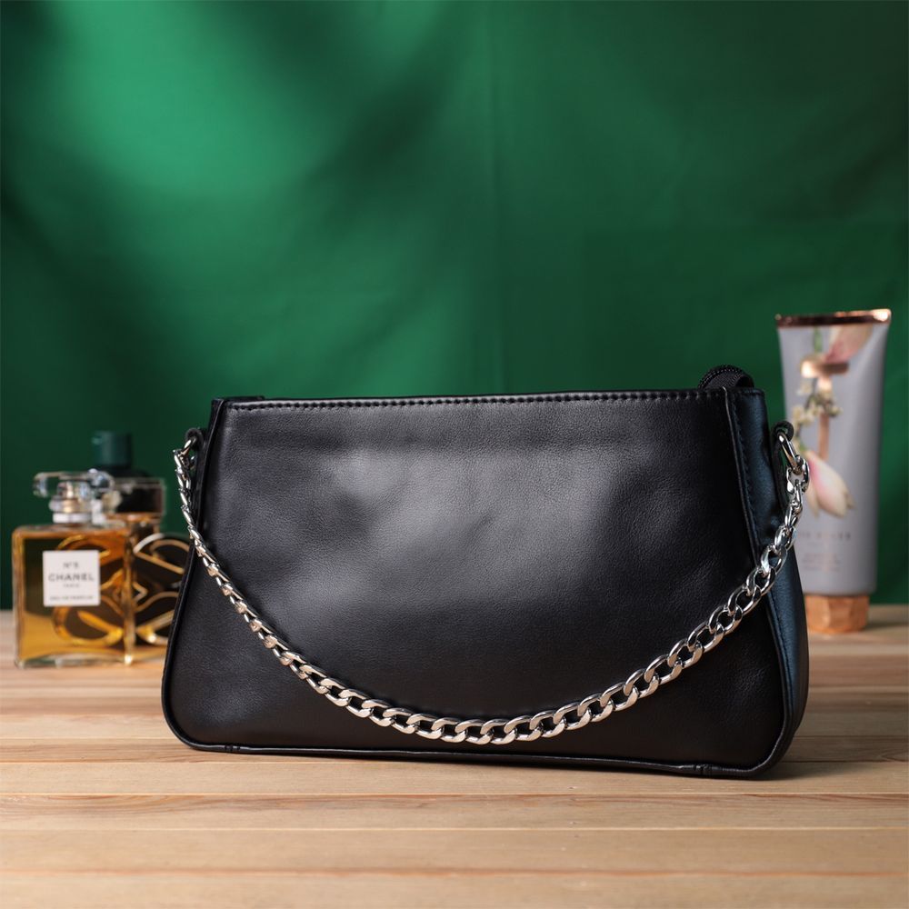 Ladies' Baguette Bag with Detachable Chain and Strap, SHVIGEL 22838, Black Leather