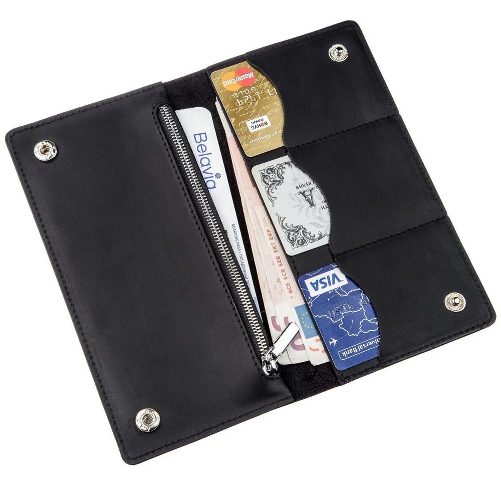 Leather Checkbook Holder - Bifold Wallet Long with Buttons and Coin Pocket - Unisex - Black Vintage - Shvigel 16200