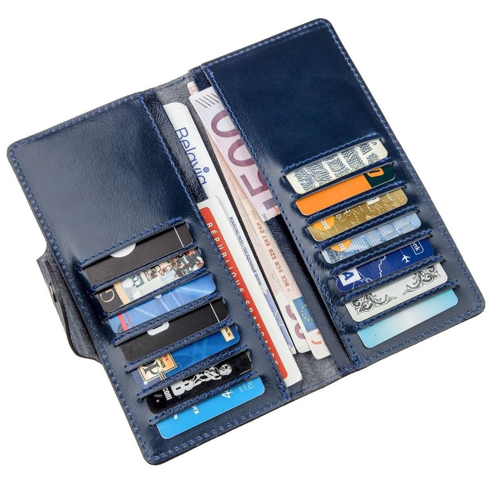 Long Leather Bifold Wallet for Men - Big Checkbook Holder Organizer - Vintage Dark Glossy Blue - Shvigel 16170