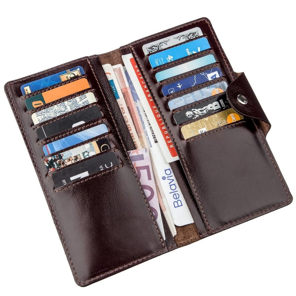 Long Leather Bifold Wallet for Men - Big Checkbook Holder Organizer - Vintage Dark Glossy Brown - Shvigel 16171