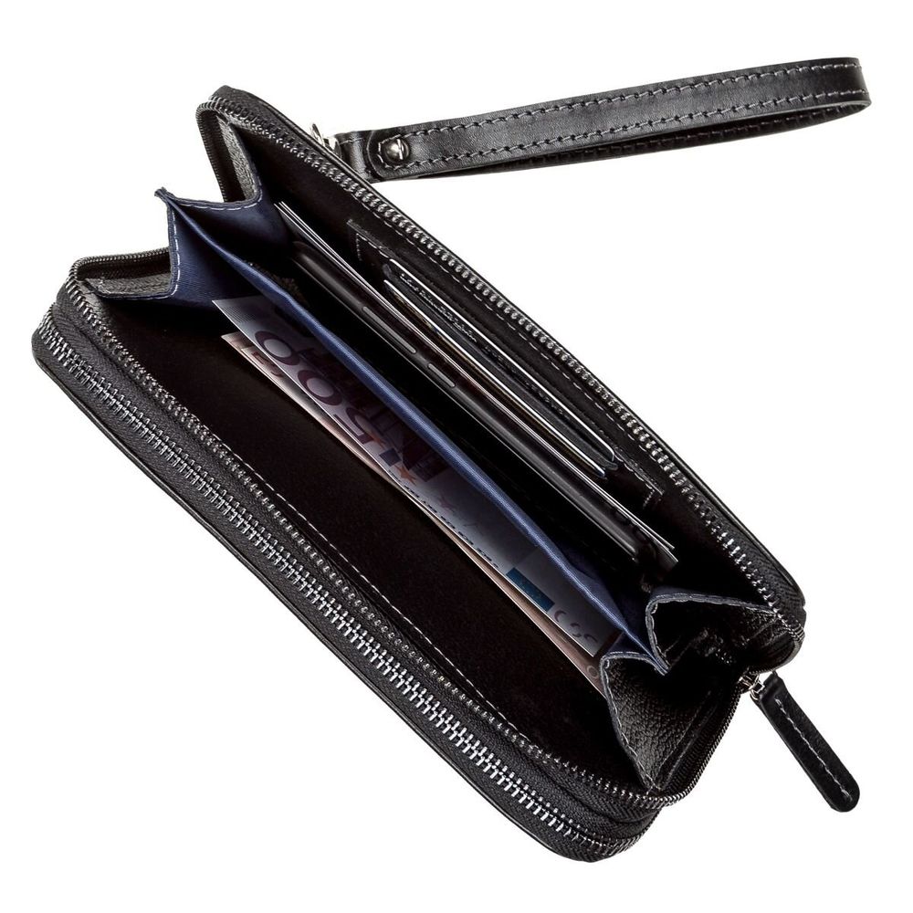 Long Leather Bifold Wallet - Big - Zippered - for Men and Women - Checkbook Holder Organizer - Large Black - Shvigel 11082