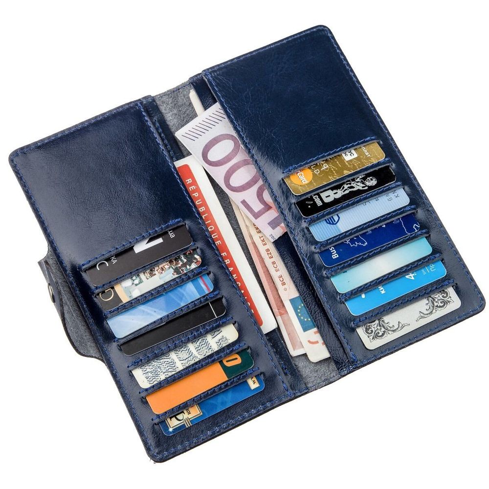 Long Leather Bifold Wallet for Men - Big Checkbook Holder Organizer - Vintage Dark Glossy Dark Blue - Shvigel 16174