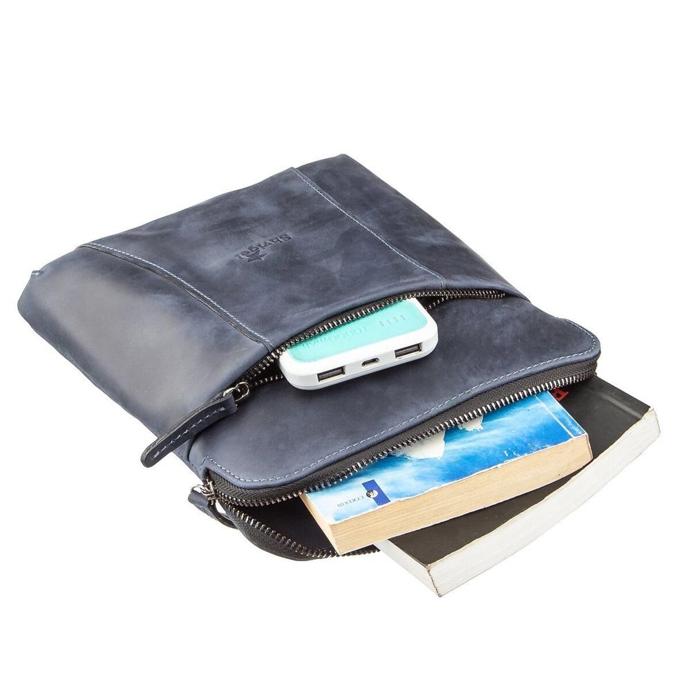 Vintage Leather Messenger Bag - Vertical Format - Blue - Shvigel 11179