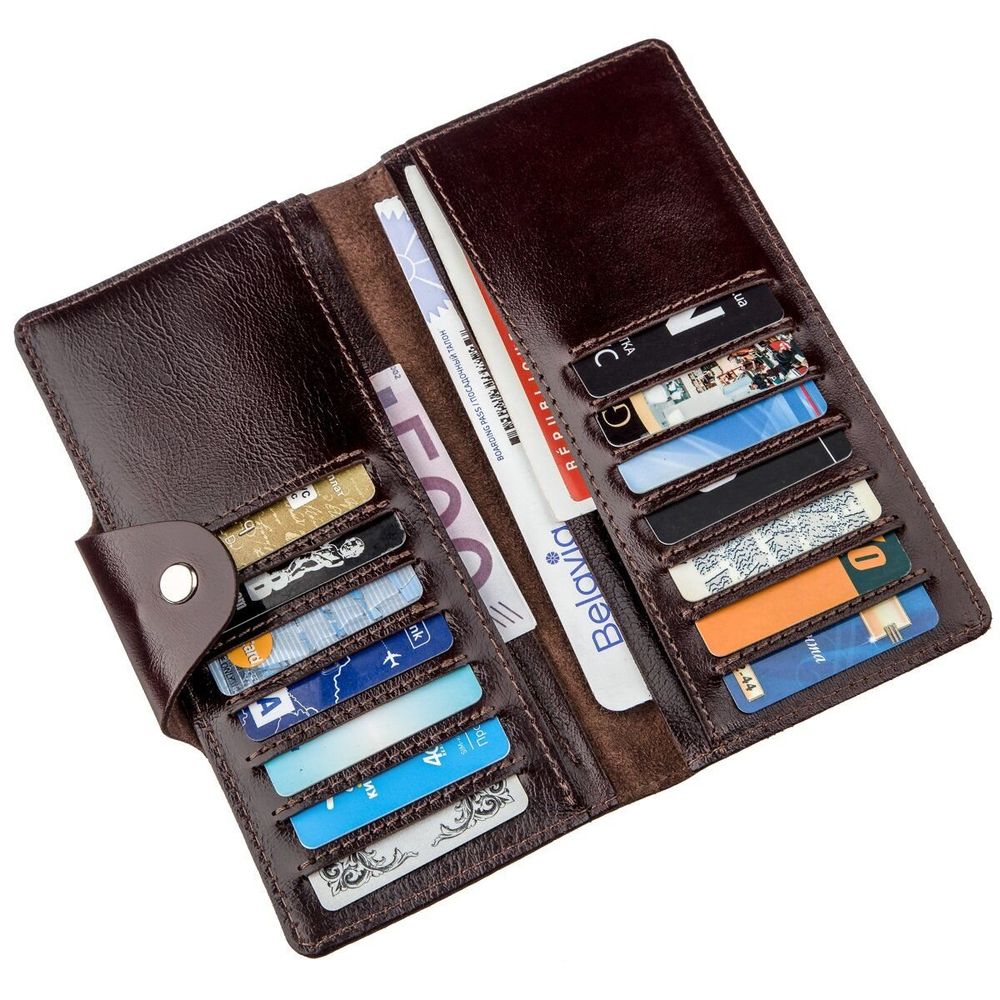 Big Checkbook Holder Organizer - Long Leather Bifold Wallet for Men - Vintage Dark Glossy Dark Brown - Shvigel 16175