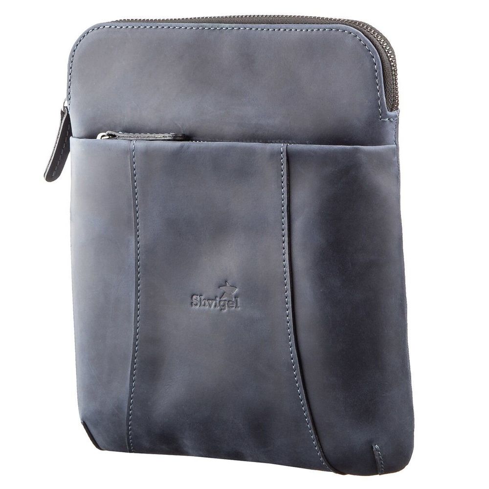 Vintage Leather Messenger Bag - Vertical Format - Blue - Shvigel 11179