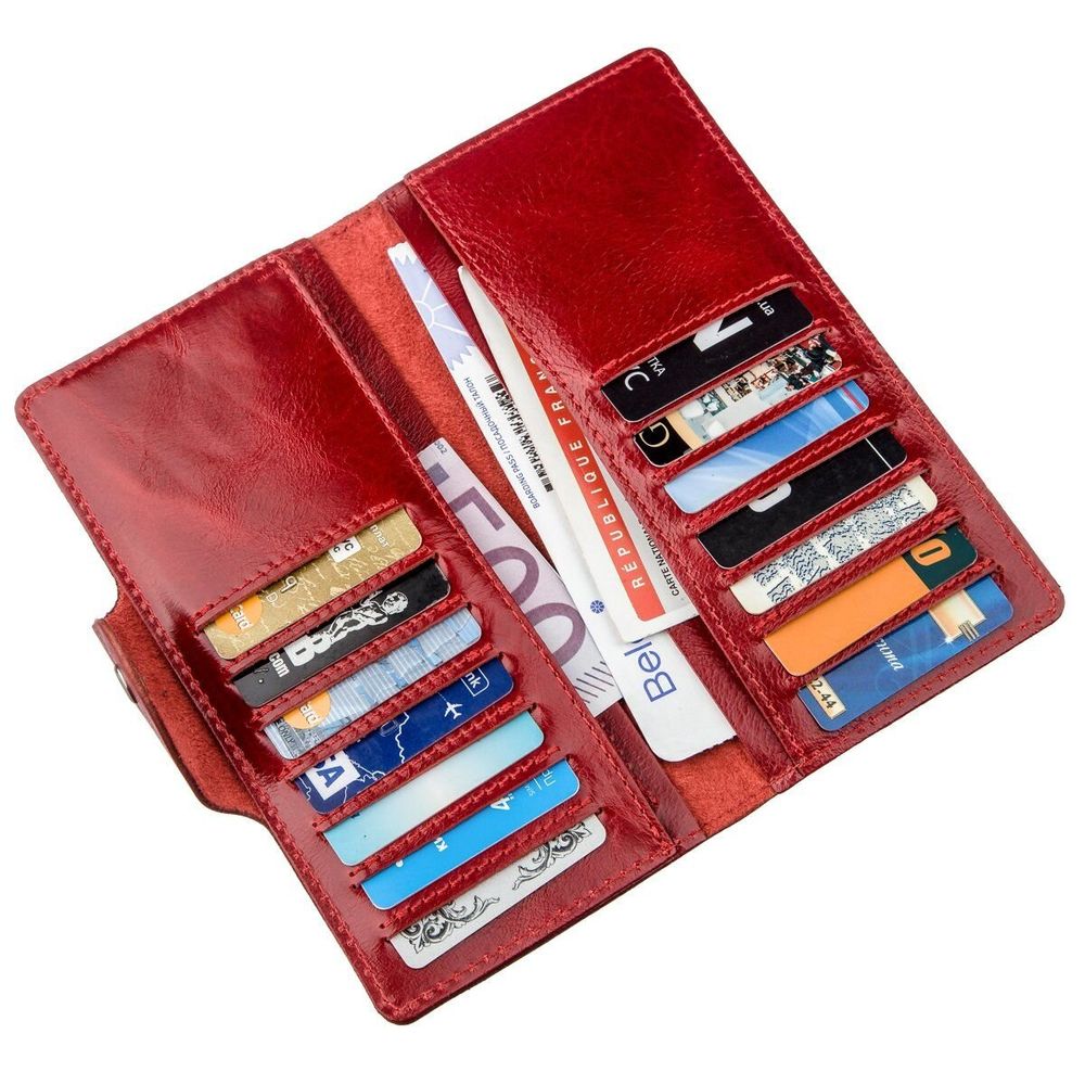 Leather Long Bifold Wallet for Women - Big Checkbook Holder Organizer - Red - Shvigel 16176