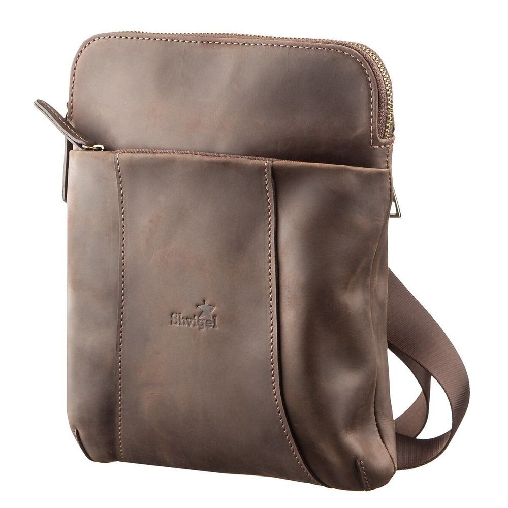 Vintage Leather Messenger Bag - Vertical Format - Brown - Shvigel 11180