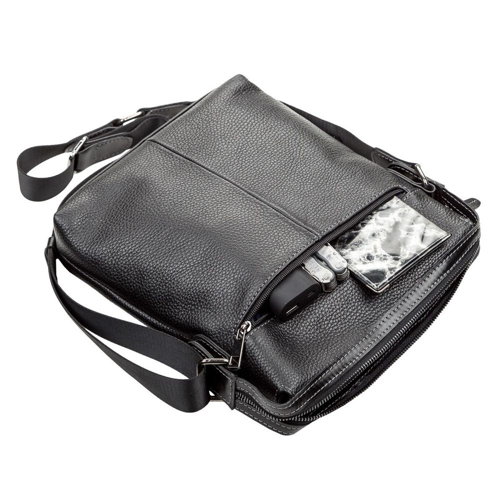 Vertical Messenger Bag - Leather - Black - Shvigel 11122