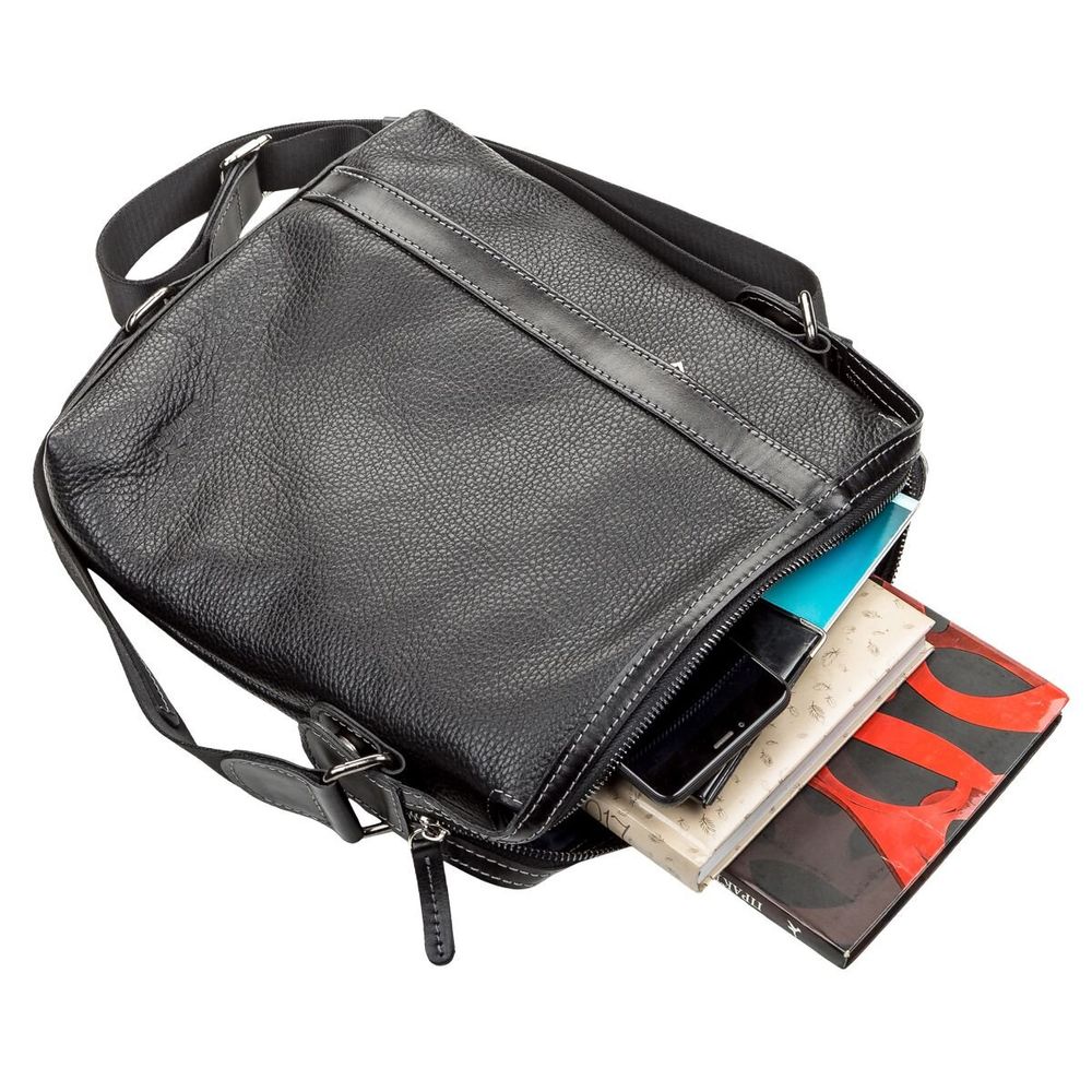 Vertical Messenger Bag - Leather - Black - Shvigel 11122
