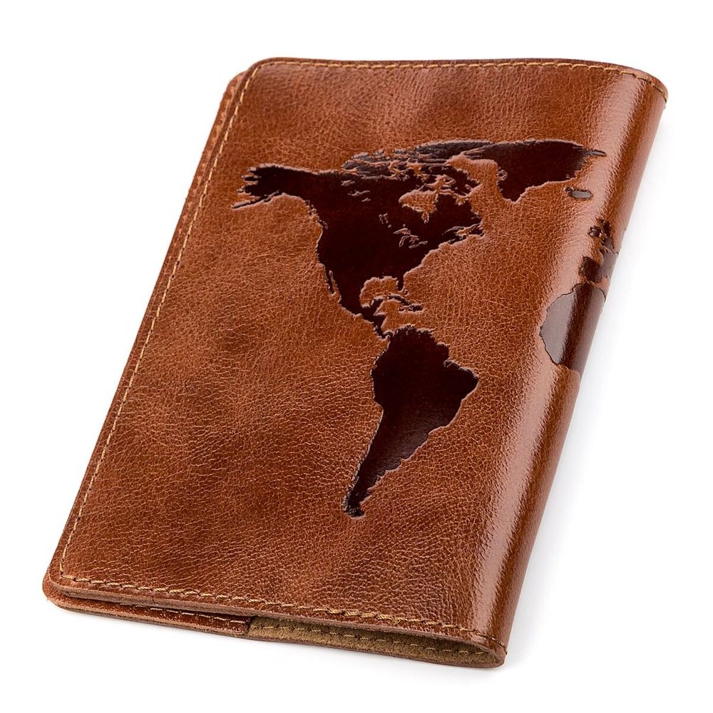 World Map Leather Passport Cover - Brown - Shvigel 13919