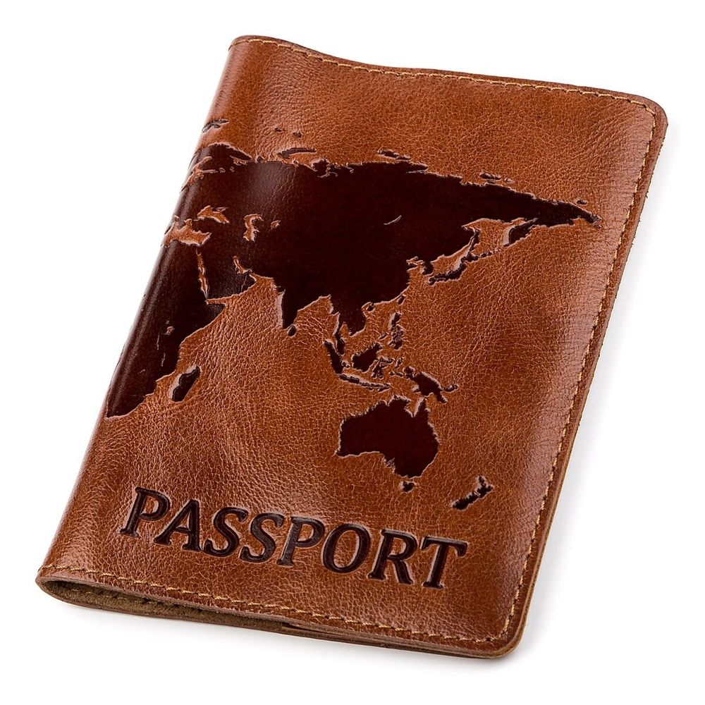 World Map Leather Passport Cover - Brown - Shvigel 13919
