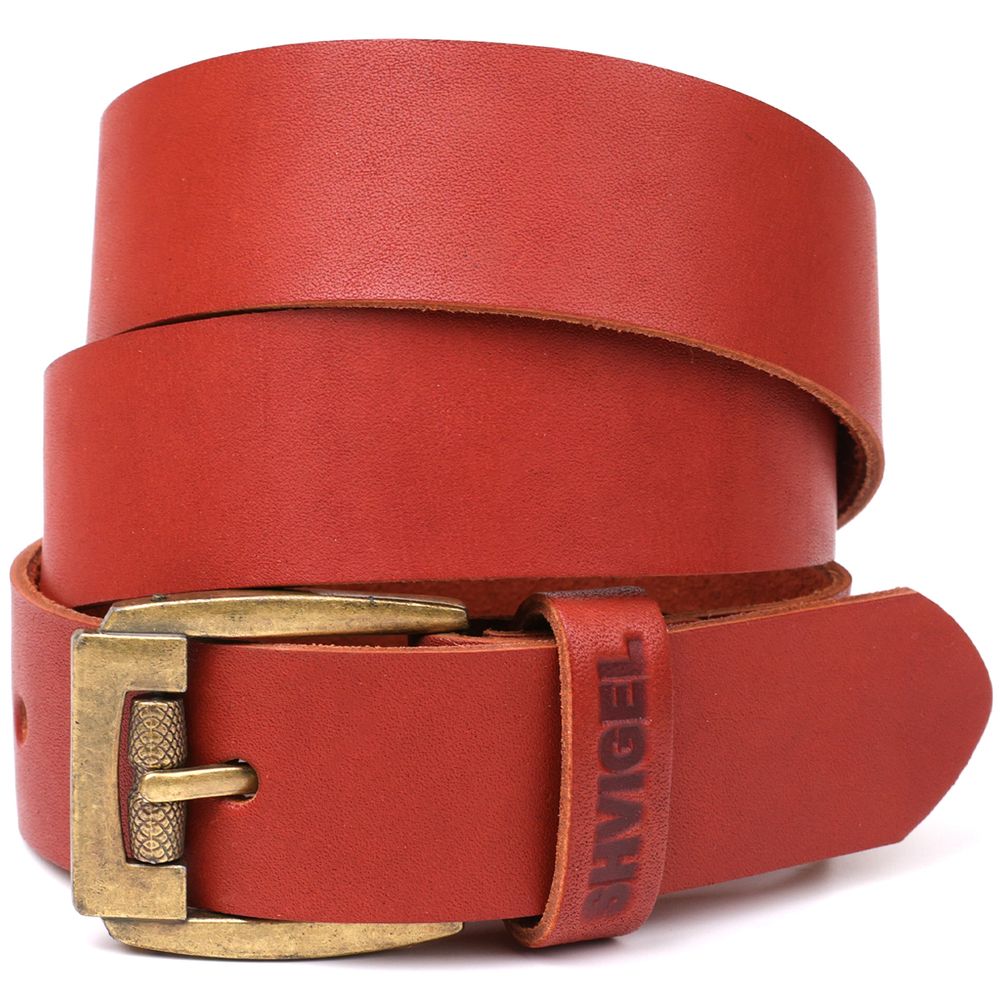 Men's leather belt with massive buckle SHVIGEL 13995 Brick