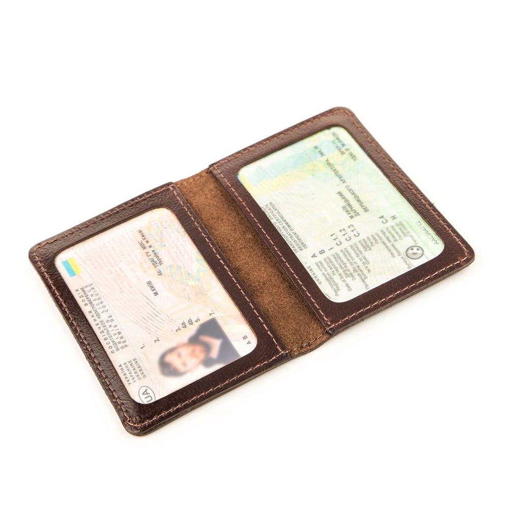Driver's License Holder in Ukrainian - Glossy Brown Genuine Leather - Shvigel 13927