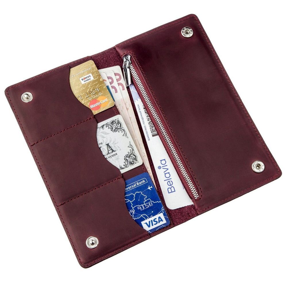 Leather Bifold Wallet Long with Buttons and Coin Pocket for Men and Women - Maroon Vintage - Shvigel 16196