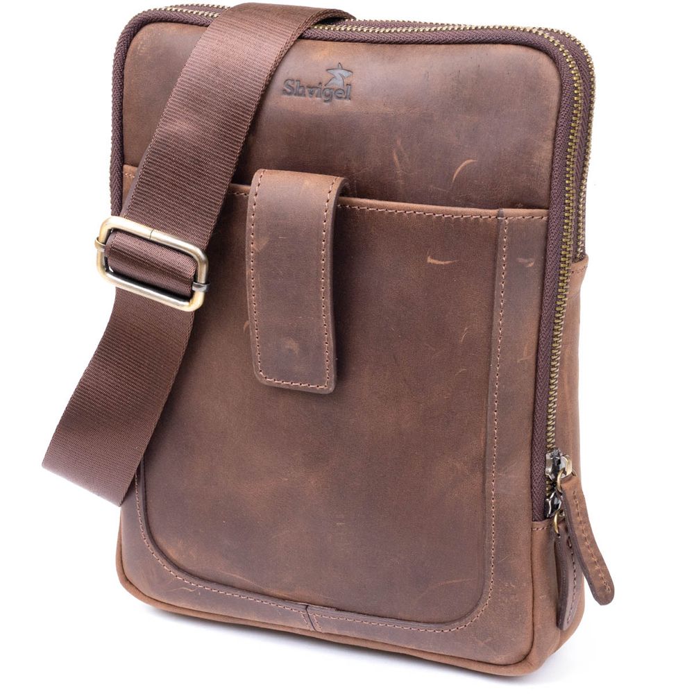 Men's tablet bag with two compartments, leather SHVIGEL 11285 Brown