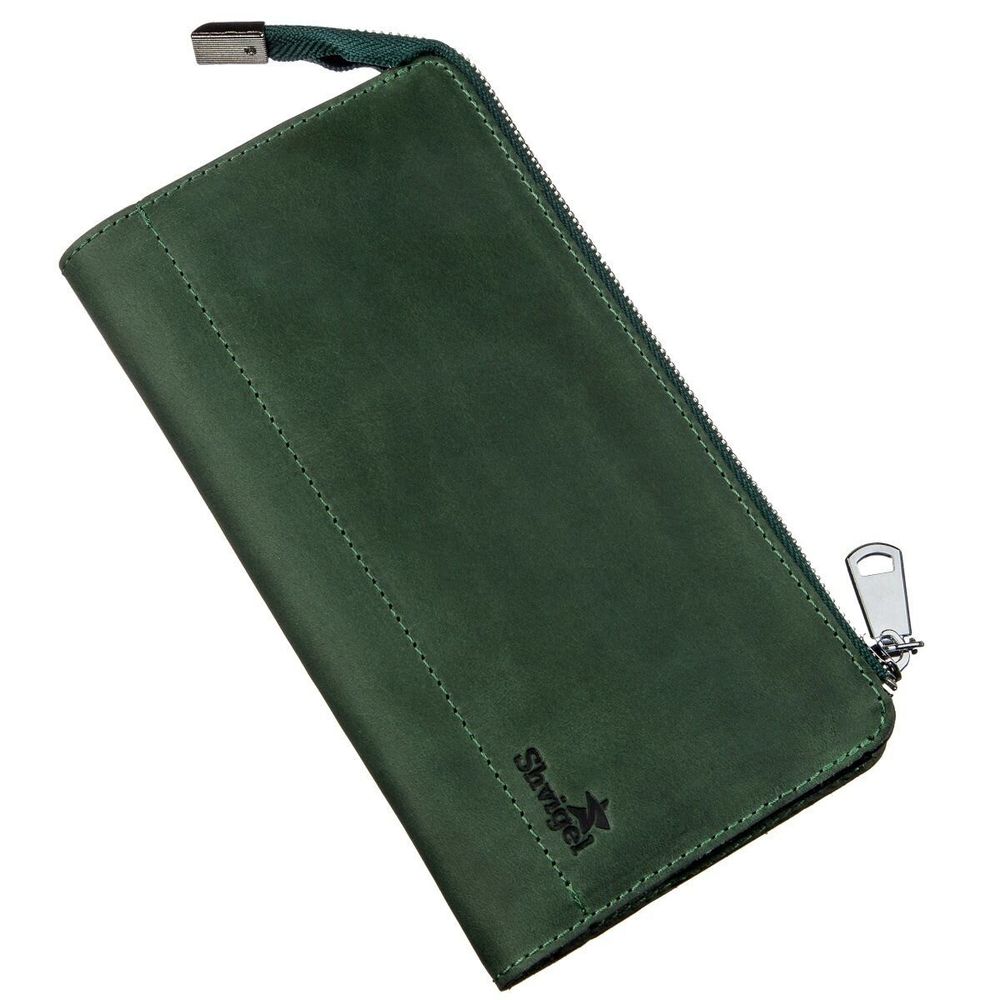 Checkbook Holder - Long Leather Bifold Wallet for Men - Vintage Green - Shvigel 16188