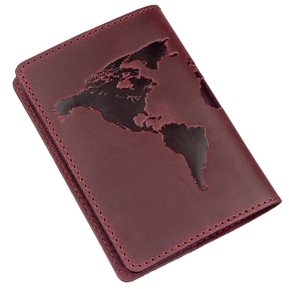 World Map Leather Passport Holder - Vintage Maroon - Shvigel 13955